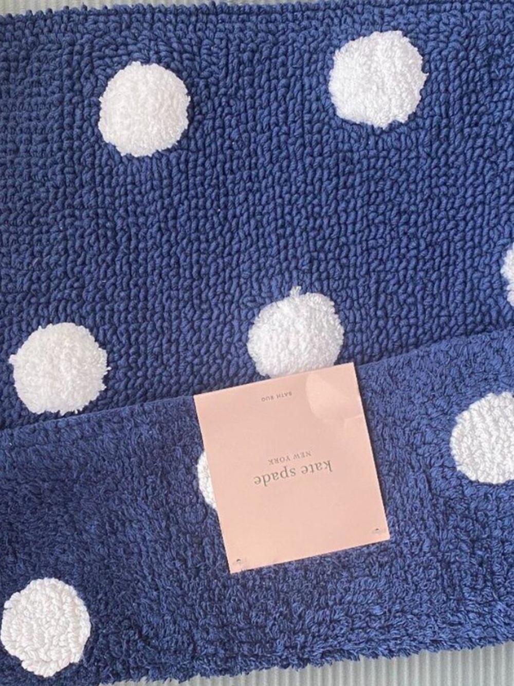 Kate Spade New York Navy Blue Polka Dot Bath Rug and curtain set